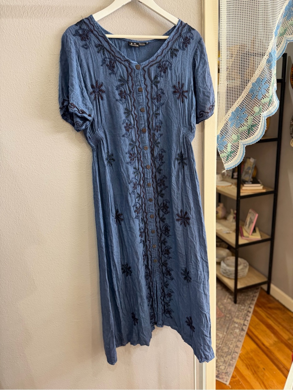 Blue Embroidered Button-Front Women's Dress